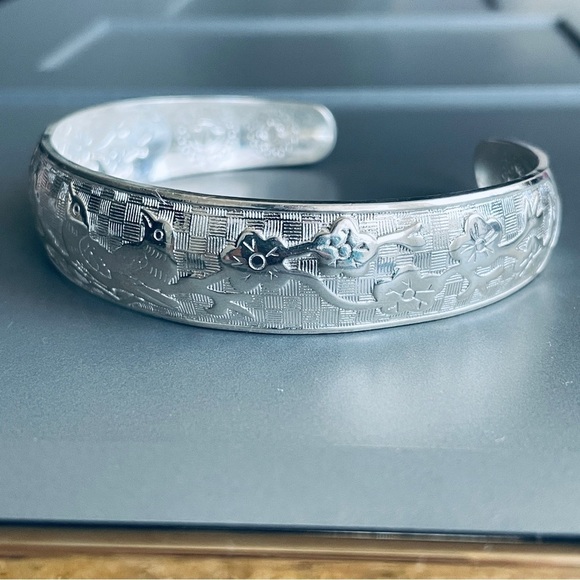 Vintage Birds Flowers Textured Sterling Silver Chinese Japanese Cuff Bra… - Picture 2 of 10